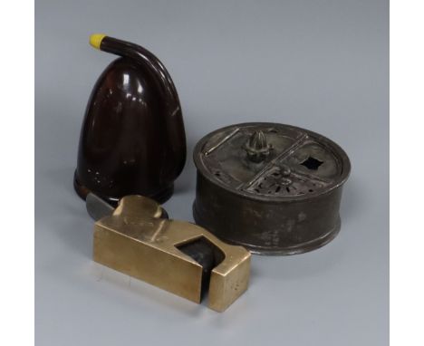 A cabinet maker's plane, 18th century inkwell and a faux tortoiseshell hearing horn