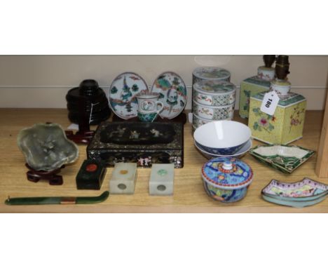 A quantity of Chinese ceramics and jade items, various, including bowls, boxes and covers, four carved hardwood stands, etc.