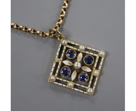 An early 20th century yellow metal, sapphire, enamel and seed pearl pendant, on a yellow metal chain, 25mm.