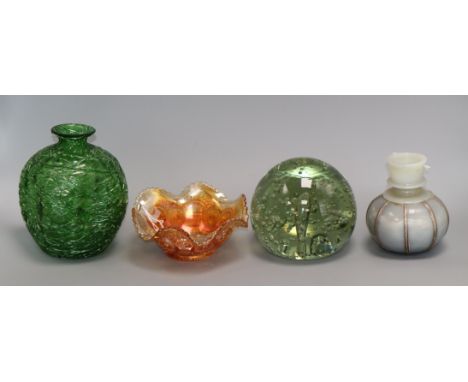 A textured green glass vase, possibly Palme Koenig, a glass dump, a Carnival glass bowl and a grey jade vase with white metal