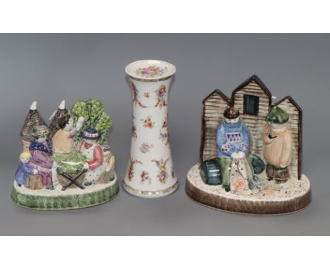 Two Rye Pottery figure groups, 'The Net Menders' and 'The Hop Pickers' and a 'Dresden Flowers' hat pin holder by Erdmann Schl