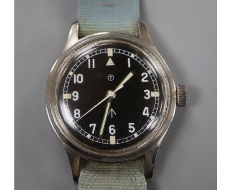 A gentleman's mid 20th century stainless steel military black dial manual wind wrist watch, case back numbered 6B-9101000 H 1