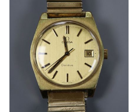 A gentleman's 1970's stainless steel and gold plated Omega manual wind wrist watch, movement c.613, on associated flexible st