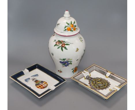 A Richard Ginori for Gucci lidded jar and cover, a Hermes painted ash tray and another
