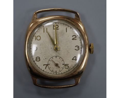 A gentleman's 1930's 9ct gold manual wind wrist watch, no strap.