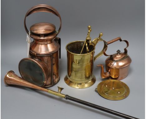 An 18th century brass mug, copper lamp, miniature kettle, shoe-horn and Negretti barometer Mug 15cm high