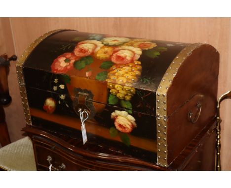 A pair of gilt metal salon chairs and a floral painted domed topped trunk (3) W.67cm