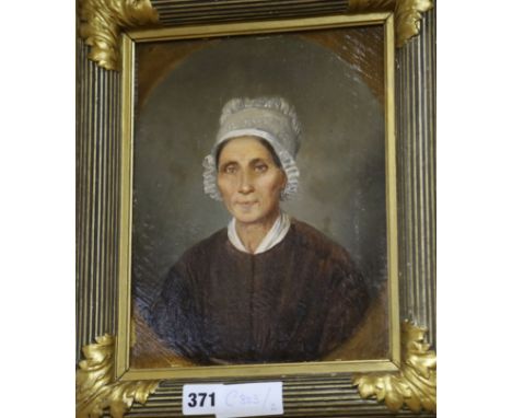 19th century Flemish School, oil on canvas, Portrait of a woman wearing a bonnet, 26 x 20cm
