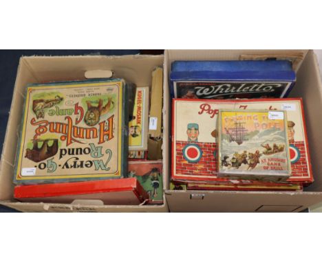 A collection of vintage boxed children's games, including 'Finding the Pole' by Chad Valley, Betall 'Table Tennis', 'Whirligi