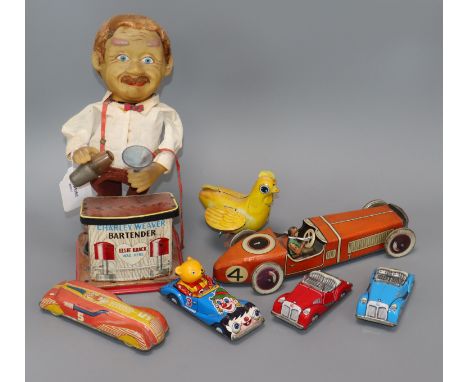 A Chad Valley tinplate racing car and a collection of other tinplate clockwork models, comprising three British-made cars, a 