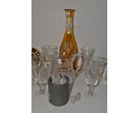 Glassware - a Bavarian amber flashed glass decanter;  a Swarovski crystal swan and pair of signets;  a Harbridge crystal jug;