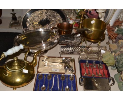 Silver plate - an Edwardian oval pedestal fruit bowl;  a sardine dish;  an oval galleried tray;  flatware; a brass kettle and