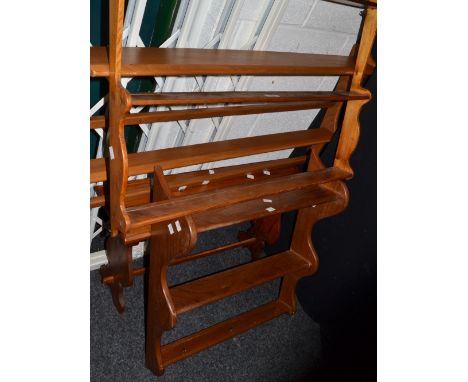A 20th Century pine wall hanging shelving unit, another similar; others a small child's bench