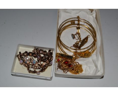 Jewellery-a pair of black opal earrings, threaded pins; an articulated fish pendant; a pair of garnet pendants, bangles, etc