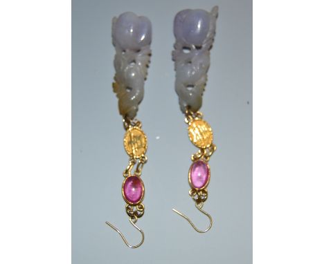 A pair of Chinese jade and rose quartz earings