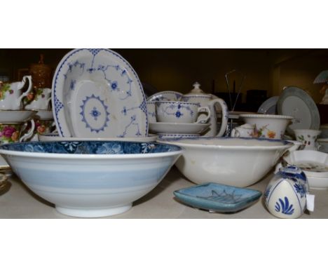 A Danish blue and white part tea service, a contemporary blue and white Oriental bowl; etc