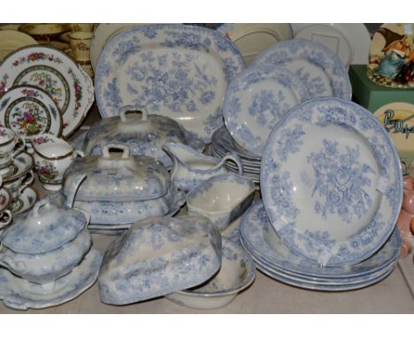A Victorian part dinner service, transfer printed in light blue with exotic birds and flowers, comprising oval meat plate, co