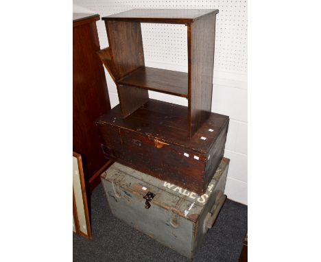 A  pine  trunk, top painted with Machynlleth, Wales; another, smaller, box unpainted, a small oak cabinet with magazine holde