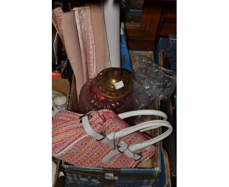 A 1950s pink satin lady's corset, a 1950s pink weave handbag, a frosted pink light shade, a toilet mirror ; etc