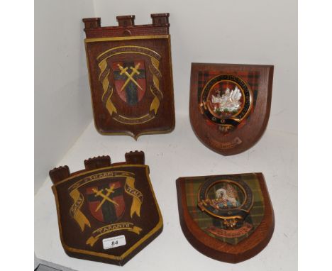 Militaria - an 8th army carved oak wall shield;  another,  From the Beaches to Berlin;  a pair of scotch clan shields (4)
