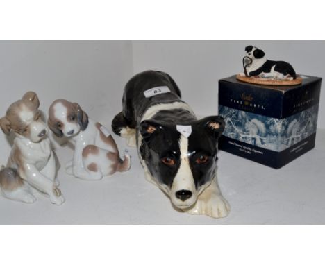 A Lladro puppy, with a butterfly on its tail, another with a snail on its paw, a Border Fine Art model, Walkies, a Staffordsh