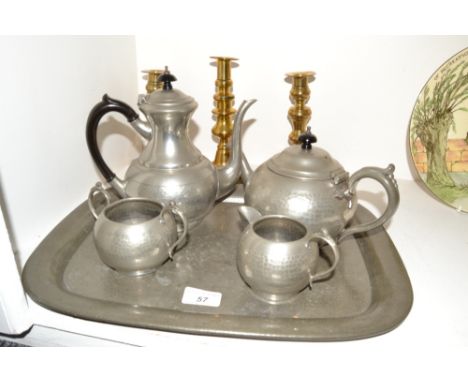 Metal Ware a pair of brass ejector candlesticks;  another;  a pewter  four piece tea service, tray ensuite