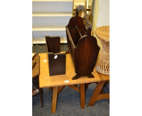 An 20th century oak square shaped occasional table; an oak magazine rack; oak shelf (3)