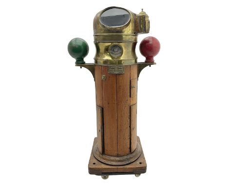Early 20th century binnacle, with hood, gimballed compass and iron correctors, with brass plaque to the front marked 'The Dob