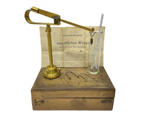Reimann's Specific Gravity Balance, complete with stand, adjustable platform, thermometer, glass float and chamber, in fitted