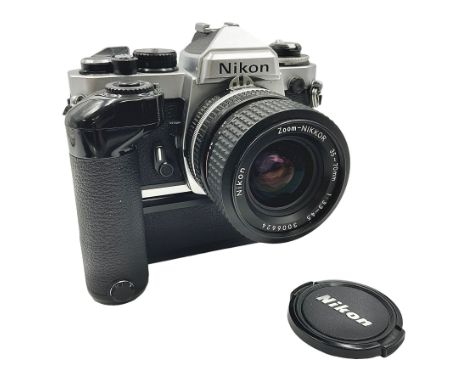 Nikon FE2 camera body, serial no. 2043167, with 'Nikon Zoom-NIKKOR 35-70mm 1:3.3-4.5' lens, serial no 3006624 and Nikon MD-12