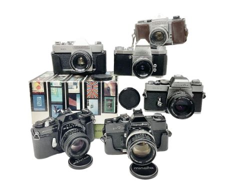 Collection of camera bodies and lenses, to include, Minolta SRT101 camera body, serial no 2079645, with 'Minolta MC Rokkor-PF