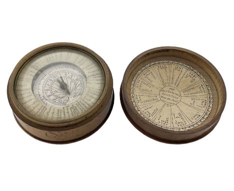 19th century pocket sundial compass pantochronometer, central sun dial pivoting with angled gnomon, within a broad enamelled 