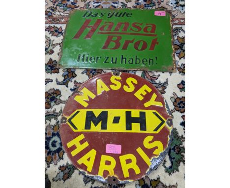 Two late 20th century enamel advertising sign to include 'Massey Harris' 30.5cm d and 'Hansa Brot' 25.5cm h x 37cm wLocation: