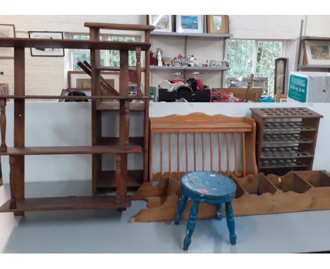 A mixed vintage lot of small household storage items and furniture to include a plate rack and a shelf unitLocation: A1M 