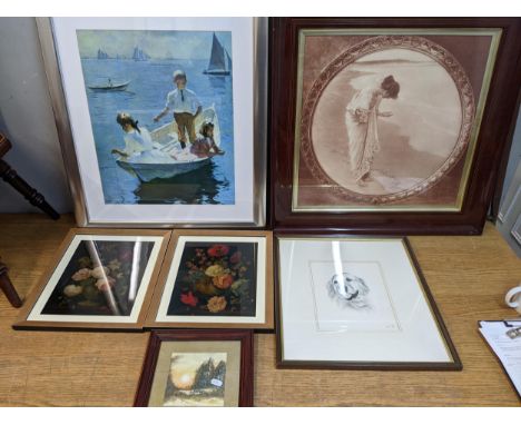 Prints to include an early 20th century portrait, children in a boat, two still lifes of flowers, and a landscape at sunset, 