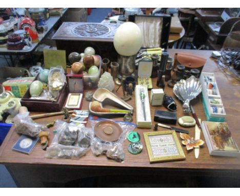 A mixed lot to include a carved wooden work box, onyx and stone eggs, Georgian papiermache snuff box, Meerschaum tobacco pipe