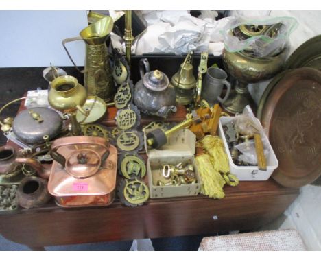 A mixed lot of brassware to include scales mounted on a mahogany base, copper kettle, various weights brass and iron, tools, 