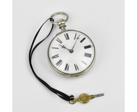 A Georgian and later silver open faced pocket watch having a white enamel dial, with fleur de lis hands and Roman numerals, t