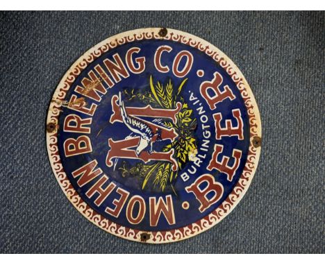 A late 20th century 'Moehn Brewing Co Beer' advertising enamel sign, 45cm dLocation: 