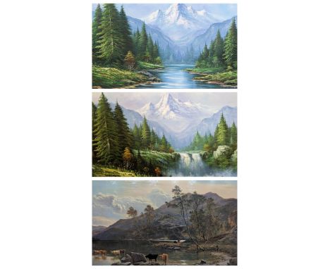 A pair of signed W. Chapman, oil on canvas, mountainous scenes, one depicting a waterfall, in gilt frames, together with a pr