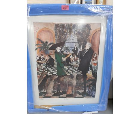 Sue McCartney Snape - a signed limited edition print of a restaurant scene, entitled 'No Dogs', 67cm x 54cm, in a gilt frameL