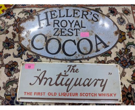 Two late 20th century enamel advertising sign to include 'Hellers Royal Zest Cocoa' 26cm x 46cm, and 'The Antiquary' 15.5cm x