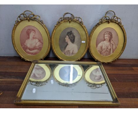 Three 19th century portrait prints of ladies, in oval gilt frames with ribbon surmounts, 37cm h x 28cm w, together with a pai