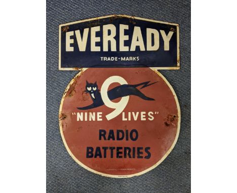 A late 20th century 'Eveready Nine Lives Radio Batteries' enamel advertising sign, 66cm x 44cm wLocation: 