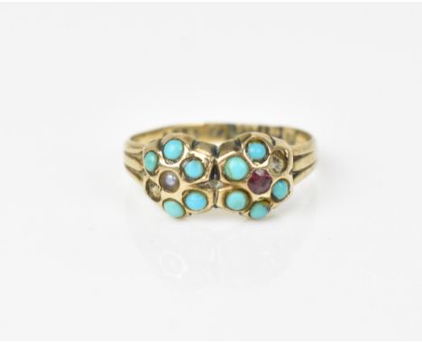 A 9ct yellow gold Georgian double pansy ring, inset with turquoise cabochon, seed pearl and purple stone, hallmarked to the s