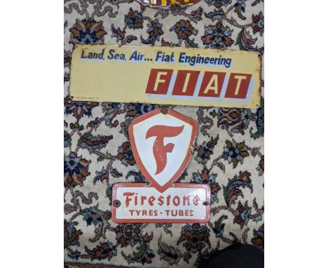Two late 20th century enamel advertising sign to include 'Firestone' 30.5cm h x 25.5cm w and 'Fiat' 51cm w x 15cm hLocation: 