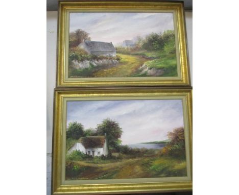 F Merkens - Old Chelmsford/Widecombe in the Moor - landscape with cottages, oil on board, signed lower left corner, 30cm x 46