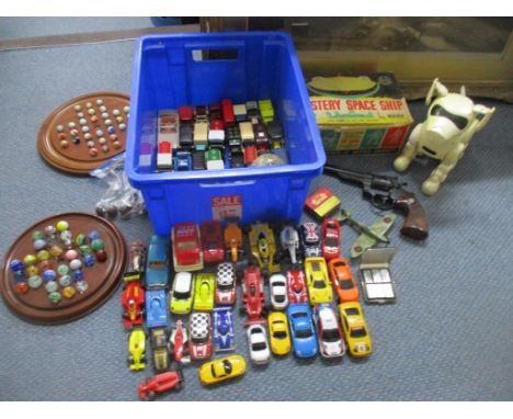 A selection of toys to include two solitaire games with glass marbles and wooden boards, one board being Victorian, various C