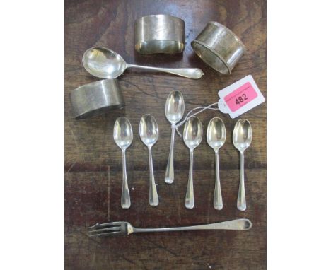 A set of six Deakin and Francis rat tailed silver coffee spoons, London hallmarks, a silver handled pickle fork, one other sp