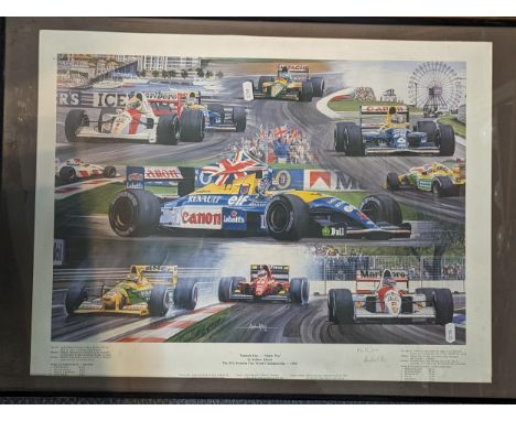 A limited edition print No 16/500, by Andrew Kitson, 'Formula One-Ninety Two', together with a framed and glazed Ayrton Senna